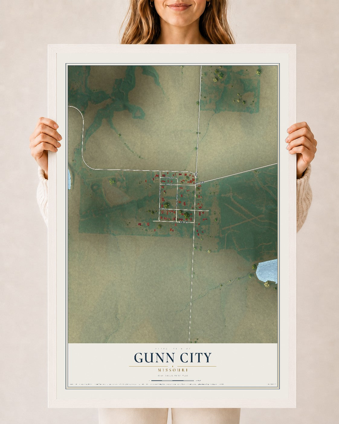 Map of Gunn City, Missouri, 24 x 36 inch print in a white wood frame