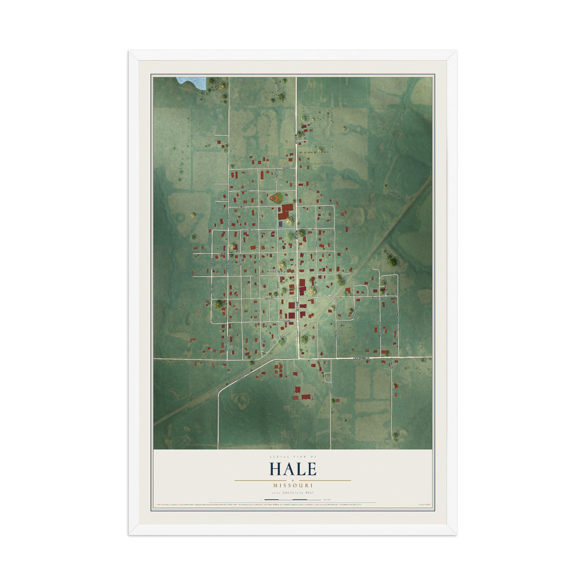 Map of Hale, Missouri, 12 x 18 inch print in a white wood frame