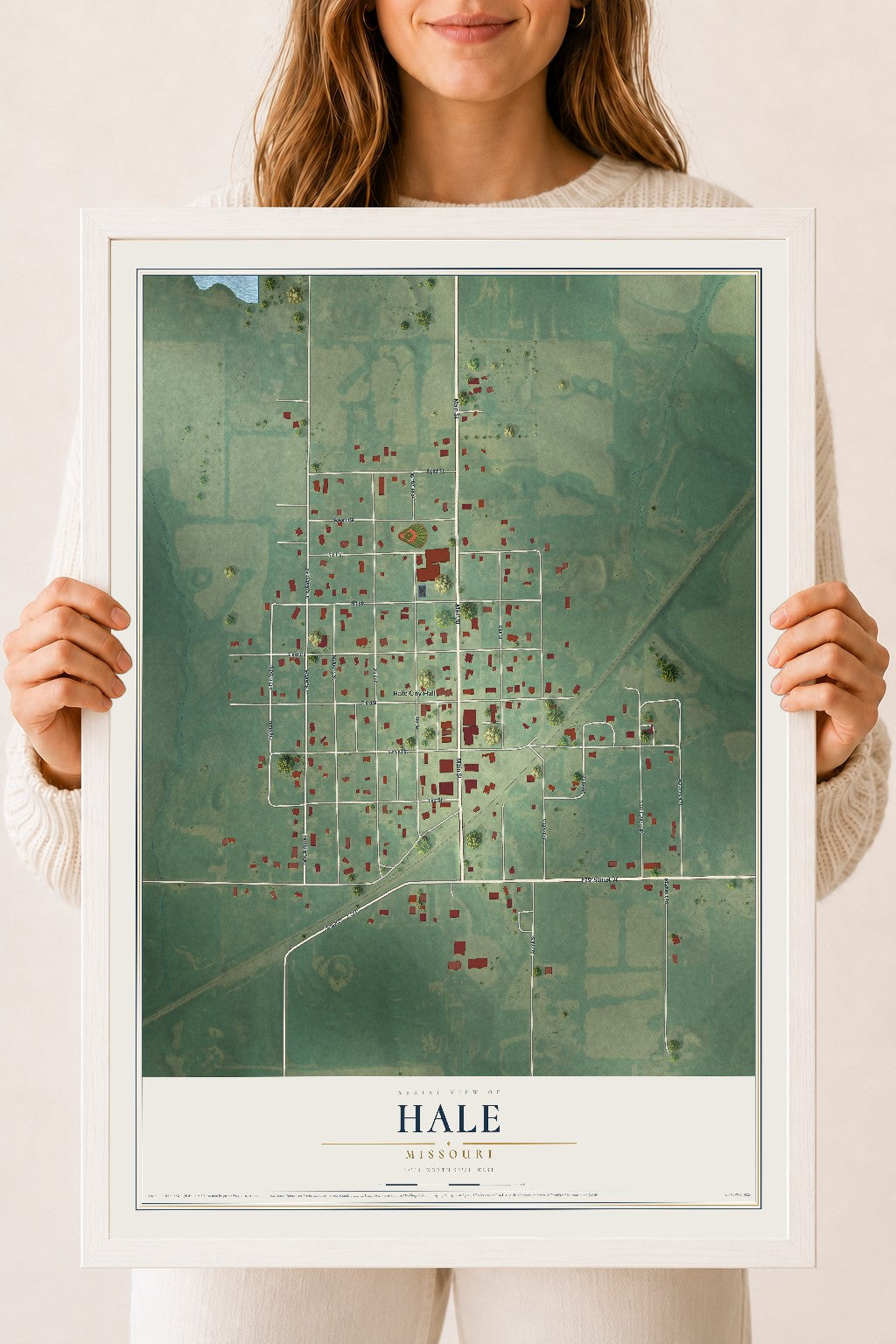 Map of Hale, Missouri, 18 x 24 inch print in a white wood frame