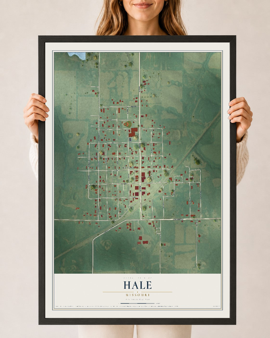 Map of Hale, Missouri, 24 x 36 inch print in a black wood frame