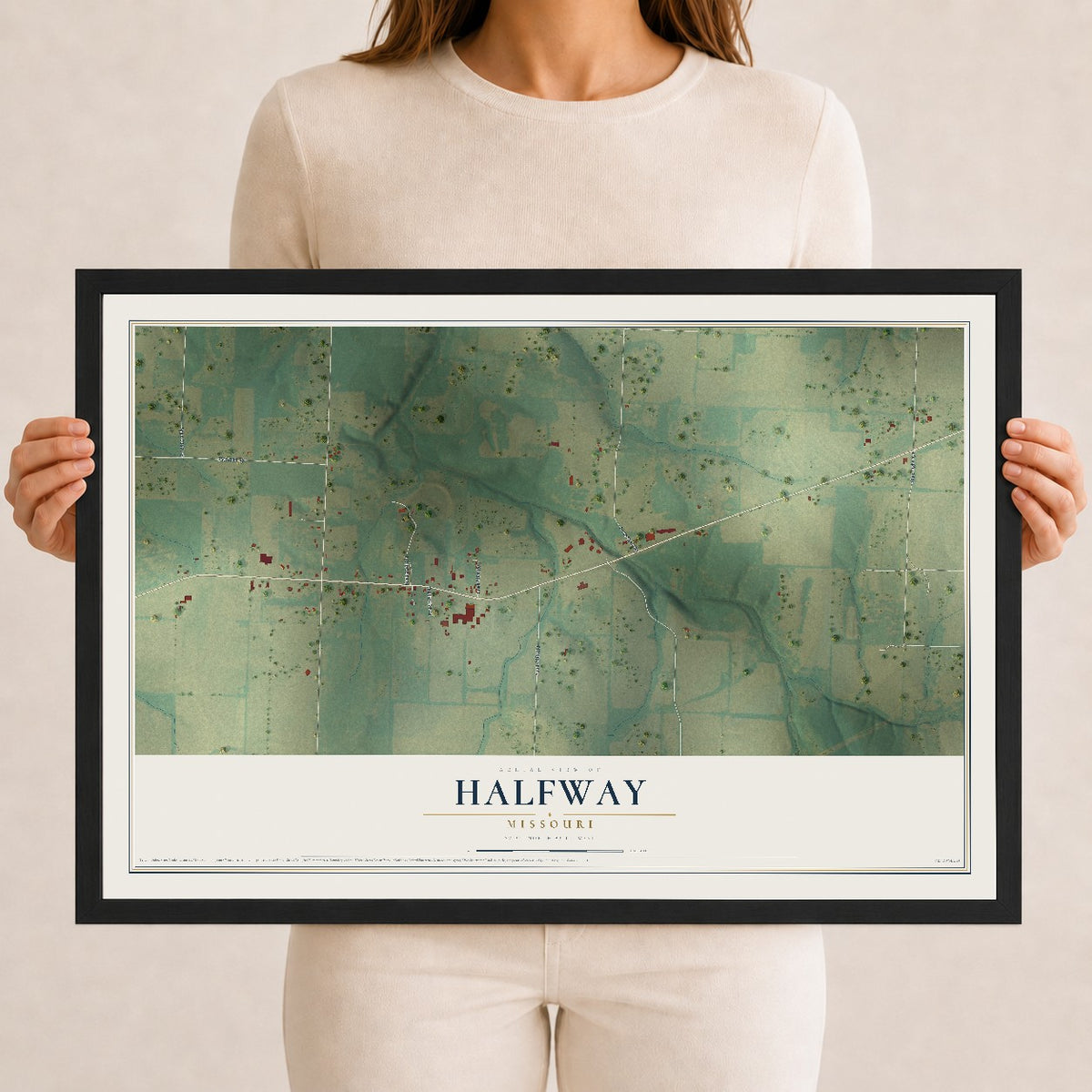Map of Halfway, Missouri, 12 x 18 inch print in a black wood frame