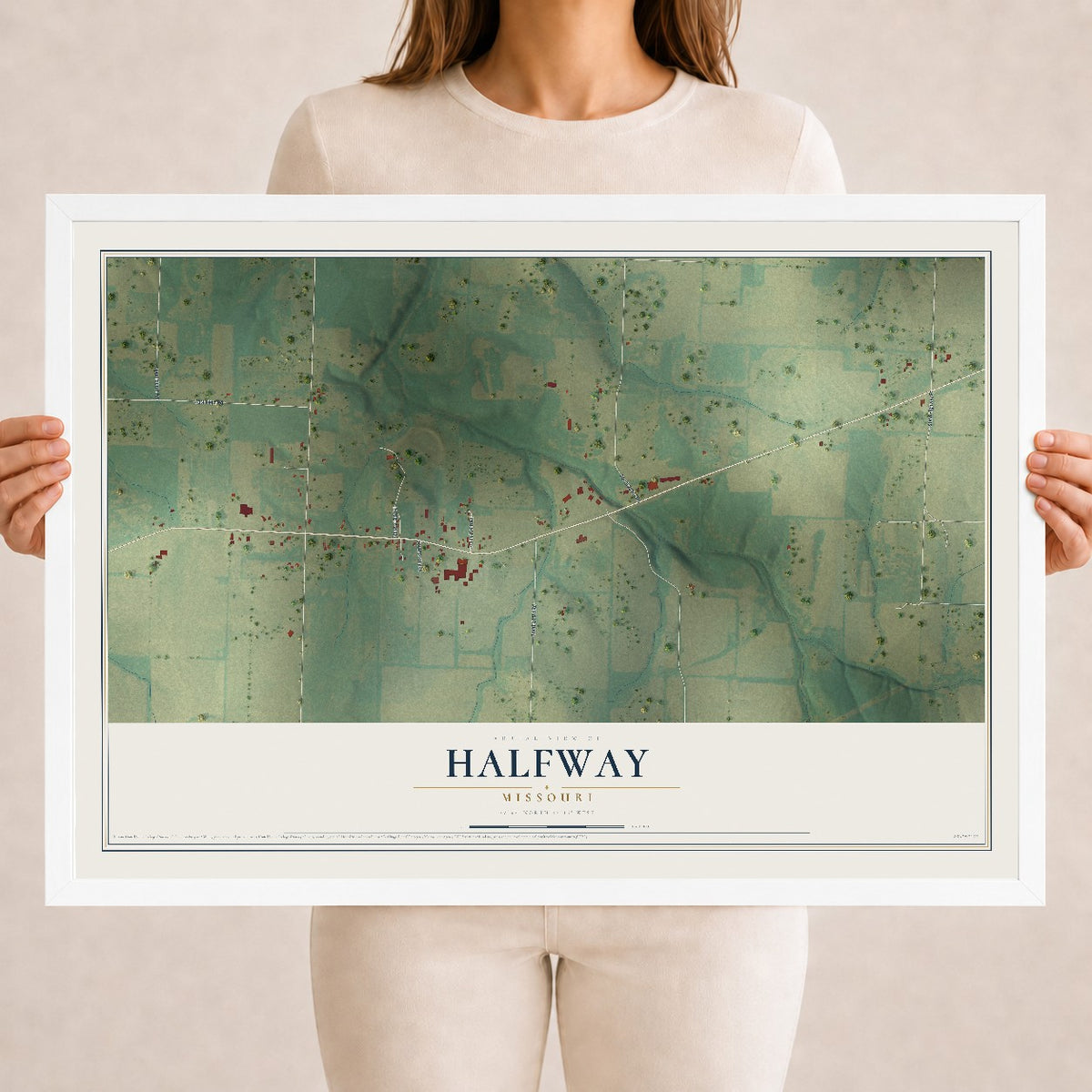 Map of Halfway, Missouri, 18 x 24 inch print in a white wood frame