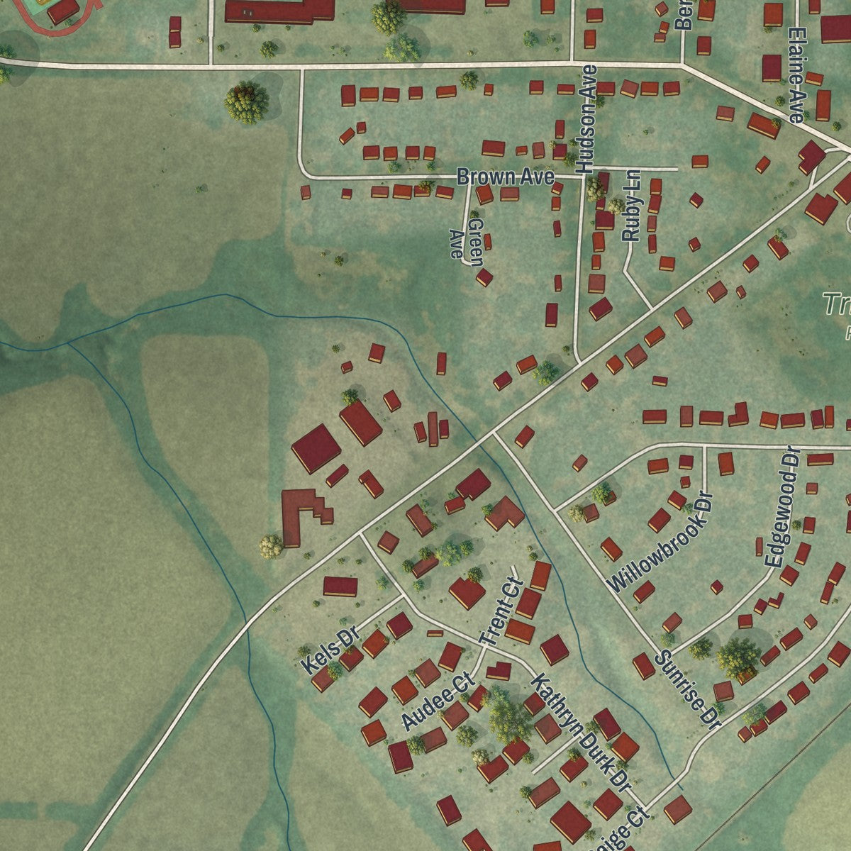 Close-up of the map of Hallsville, Missouri print showing street and building detail