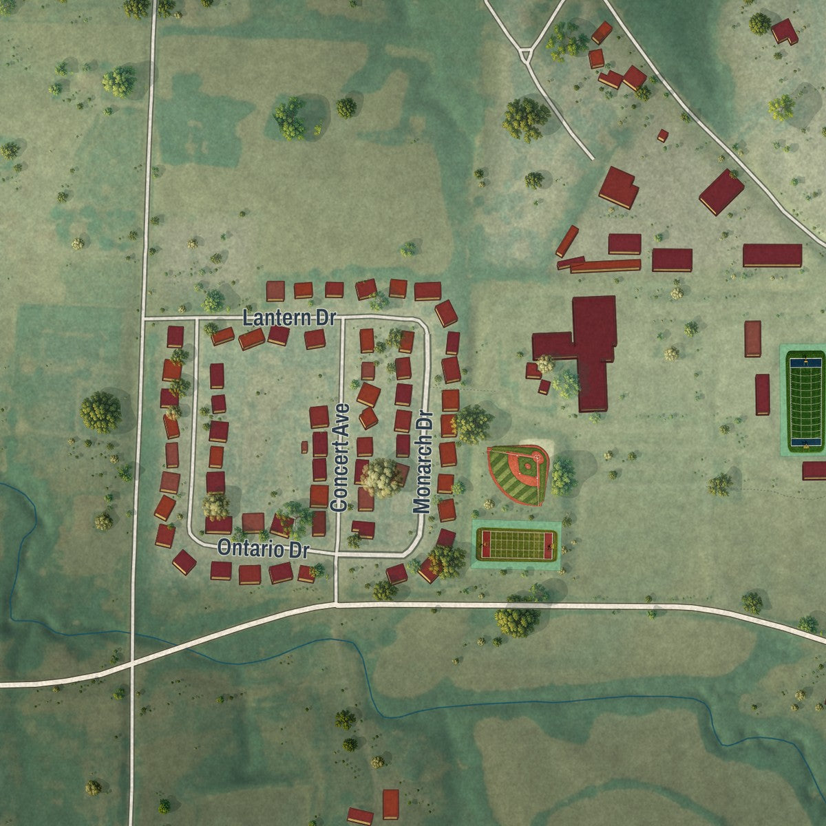 Second close-up of the map of Hallsville, Missouri print showing more streets and buildings