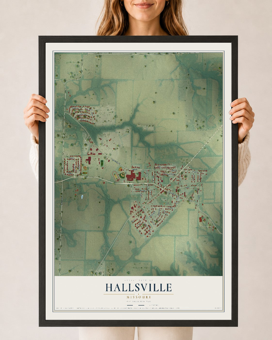Map of Hallsville, Missouri, 24 x 36 inch print in a black wood frame
