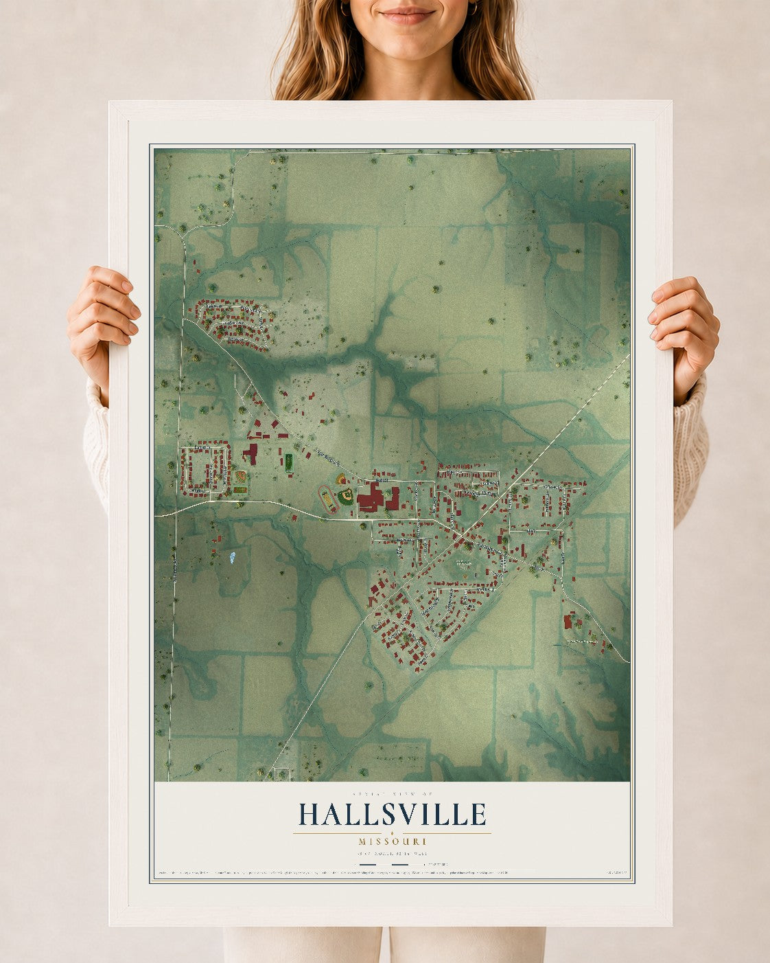 Map of Hallsville, Missouri, 24 x 36 inch print in a white wood frame