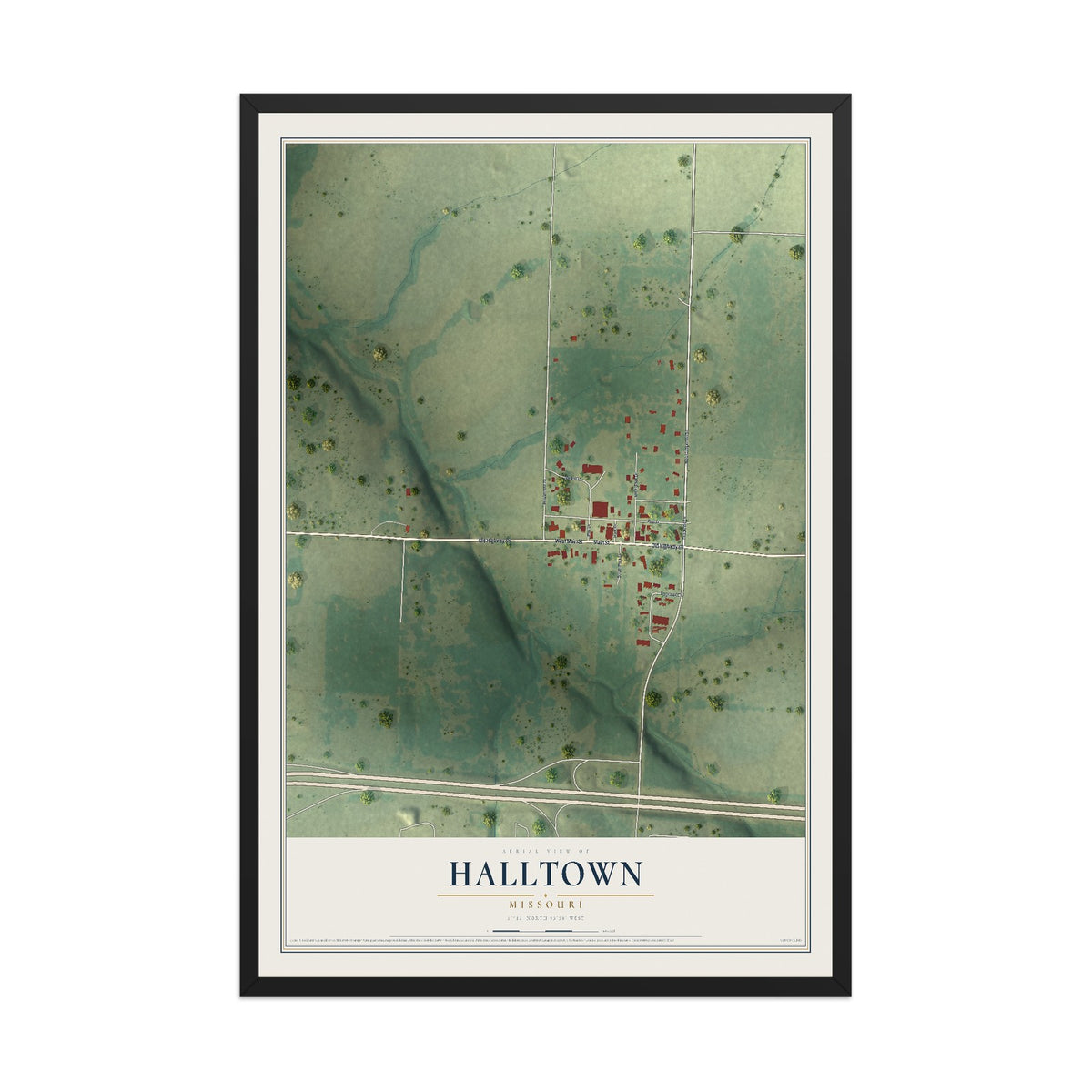 Map of Halltown, Missouri, 12 x 18 inch print in a black wood frame