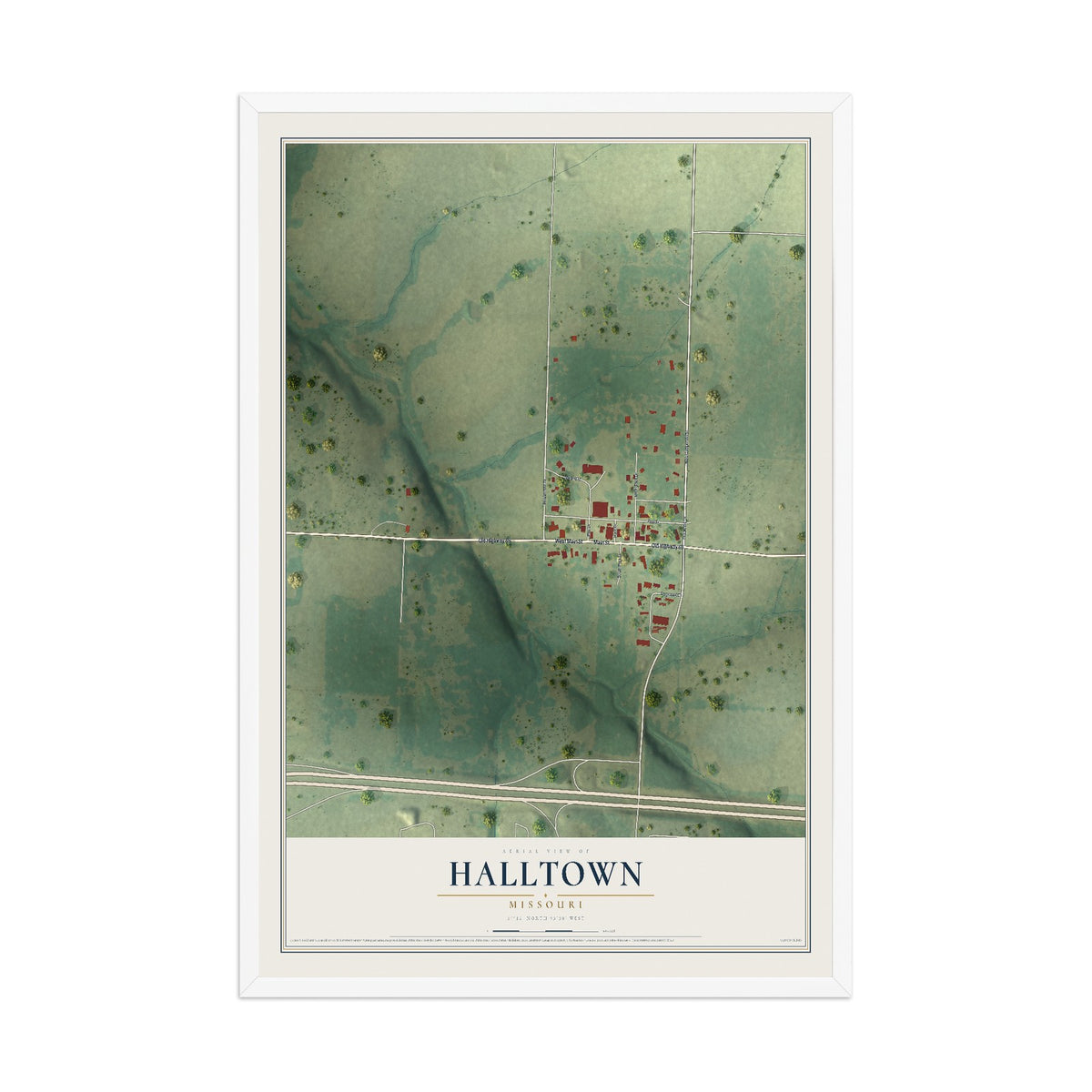 Map of Halltown, Missouri, 12 x 18 inch print in a white wood frame