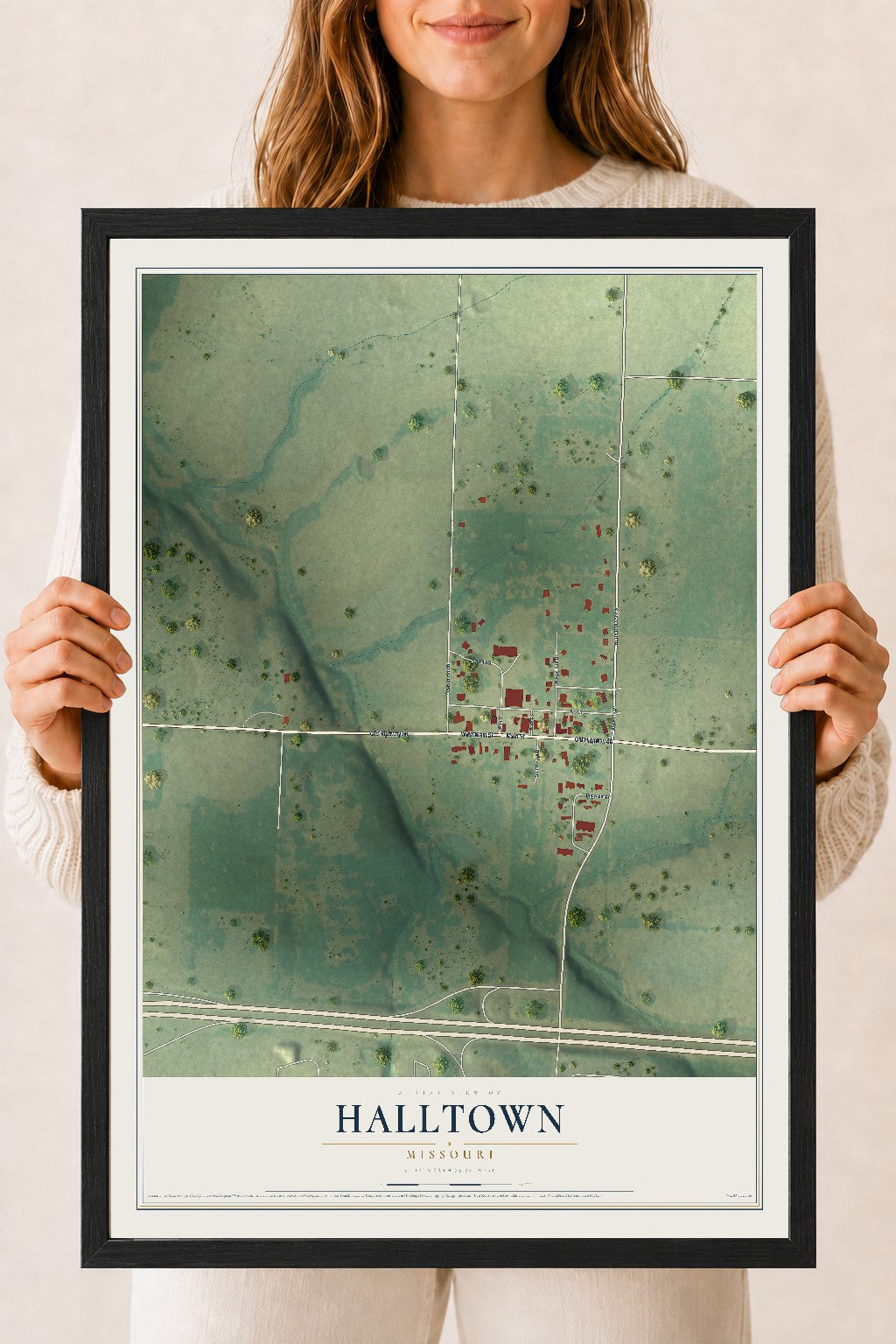 Map of Halltown, Missouri, 18 x 24 inch print in a black wood frame