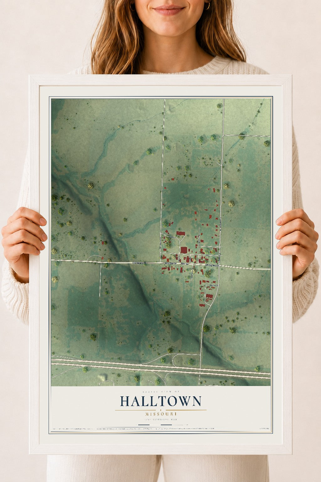 Map of Halltown, Missouri, 18 x 24 inch print in a white wood frame