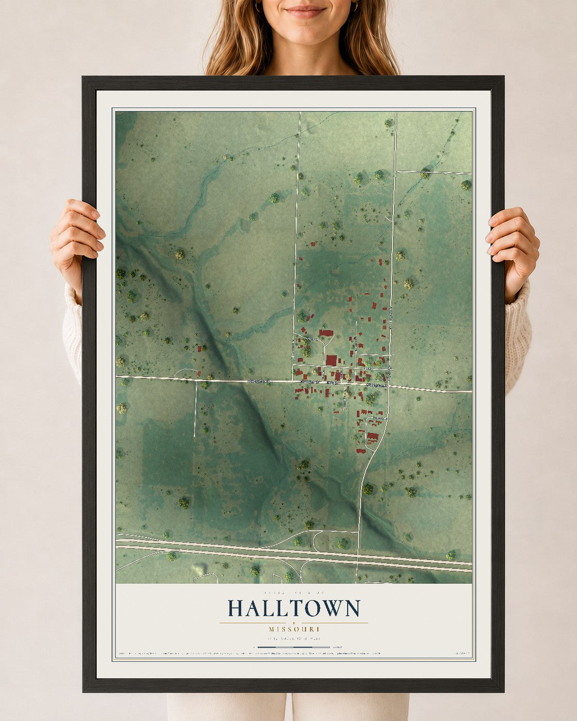 Map of Halltown, Missouri, 24 x 36 inch print in a black wood frame