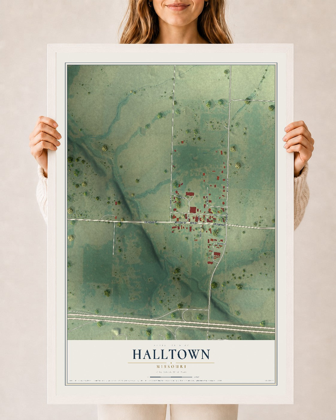 Map of Halltown, Missouri, 24 x 36 inch print in a white wood frame