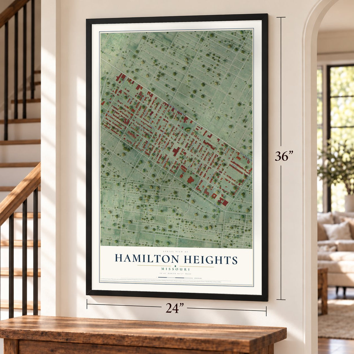 Hamilton Heights, Missouri map, 24 x 36 inch print in a black frame by a staircase