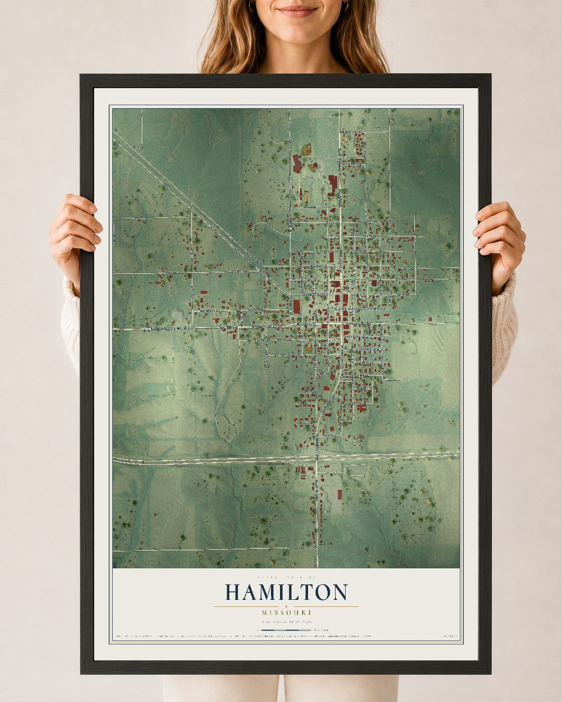 Map of Hamilton, Missouri, 24 x 36 inch print in a black wood frame