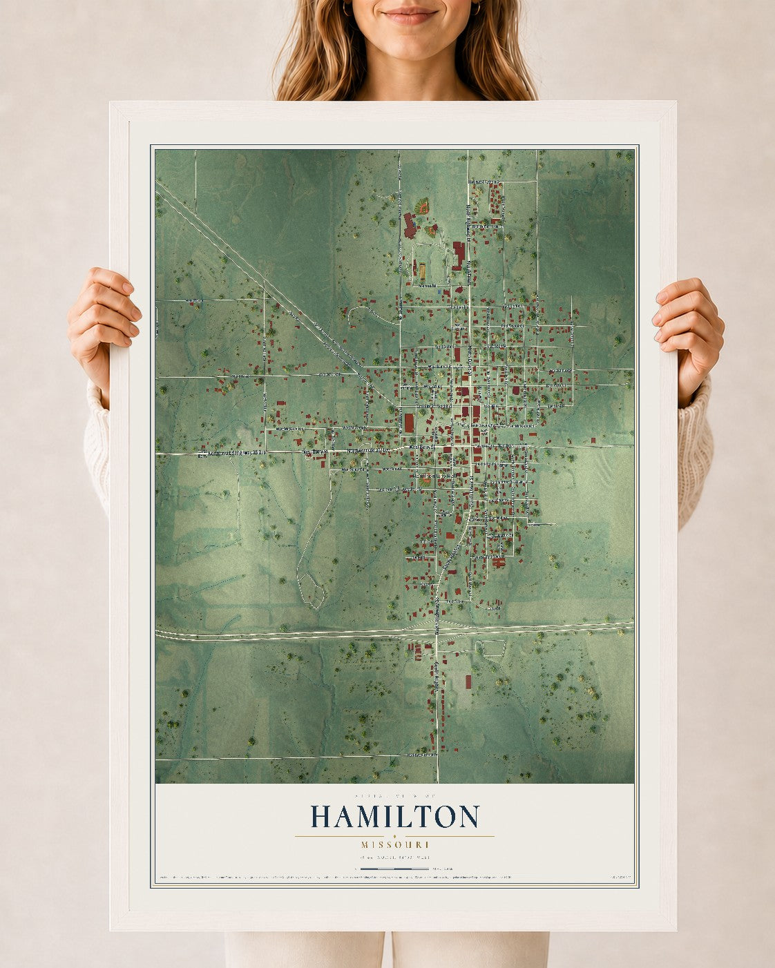 Map of Hamilton, Missouri, 24 x 36 inch print in a white wood frame