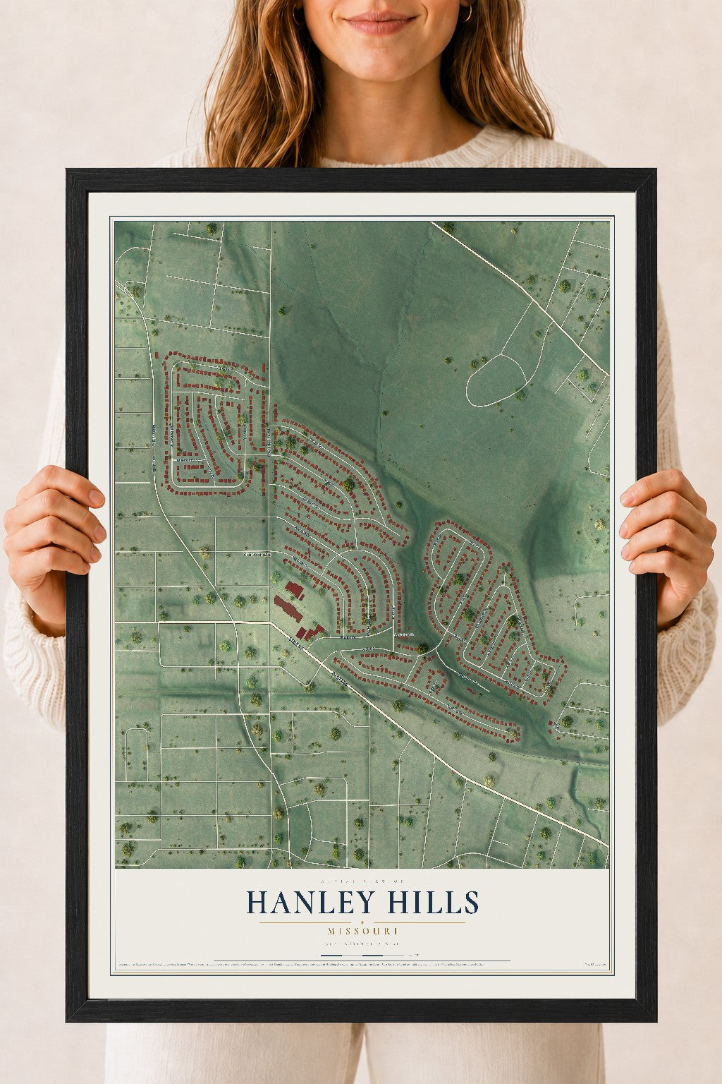 Map of Hanley Hills, Missouri, 18 x 24 inch print in a black wood frame