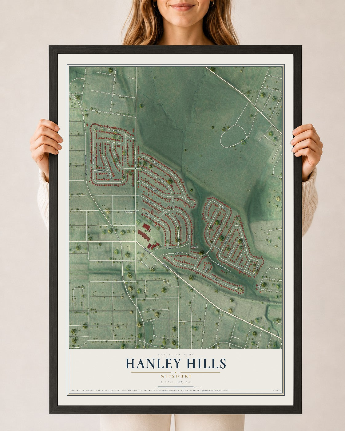 Map of Hanley Hills, Missouri, 24 x 36 inch print in a black wood frame