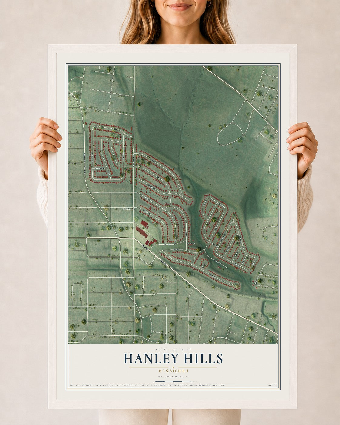 Map of Hanley Hills, Missouri, 24 x 36 inch print in a white wood frame
