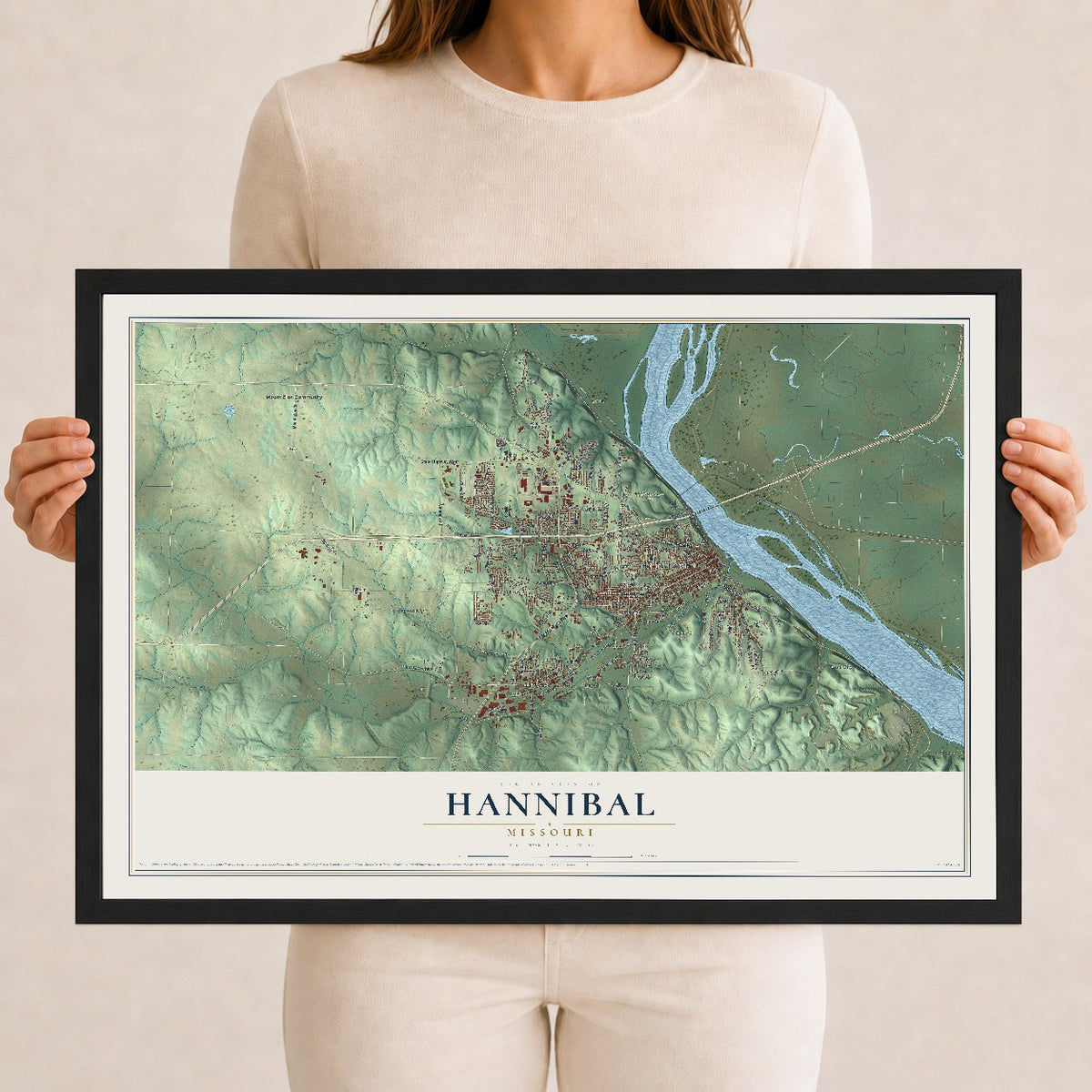 Map of Hannibal, Missouri, 12 x 18 inch print in a black wood frame