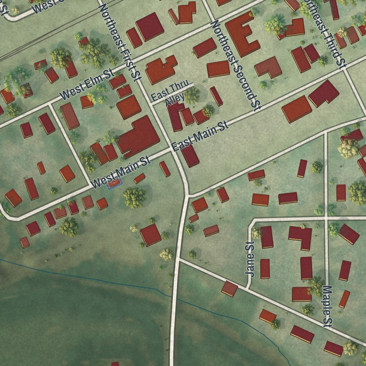 Close-up of the map of Hardin, Missouri print showing street and building detail