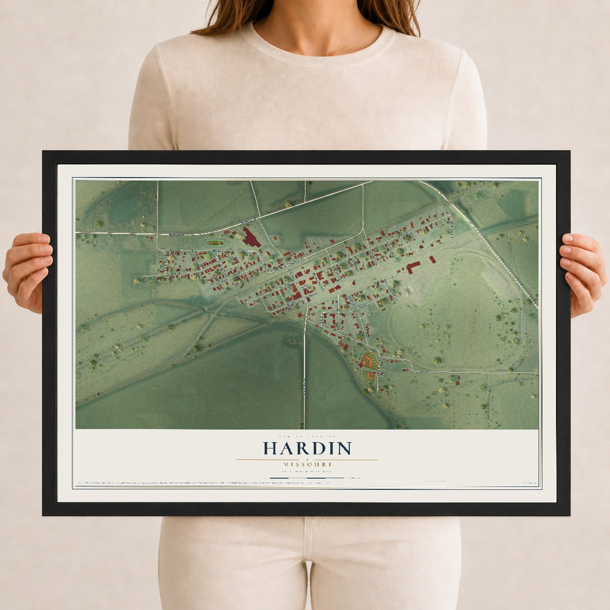 Map of Hardin, Missouri, 12 x 18 inch print in a black wood frame