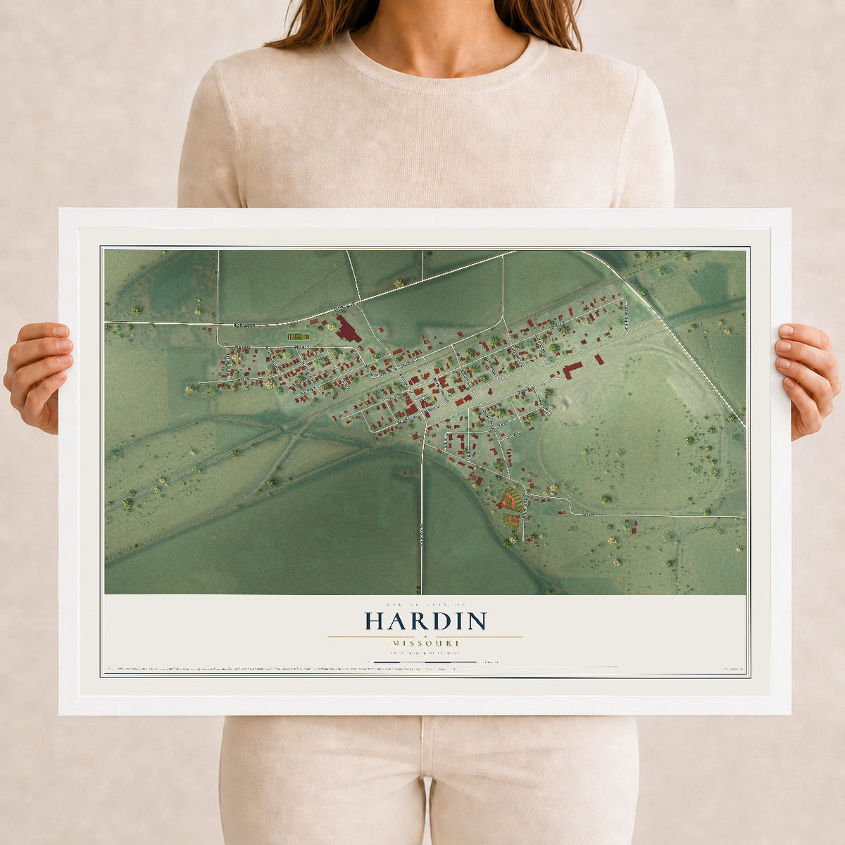 Map of Hardin, Missouri, 12 x 18 inch print in a white wood frame