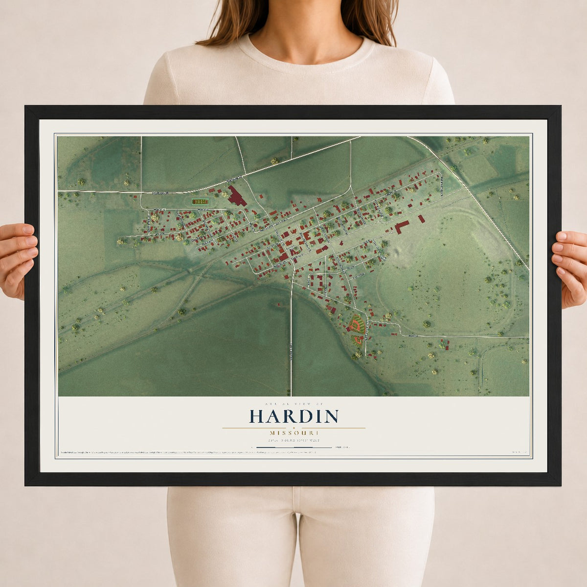 Map of Hardin, Missouri, 18 x 24 inch print in a black wood frame