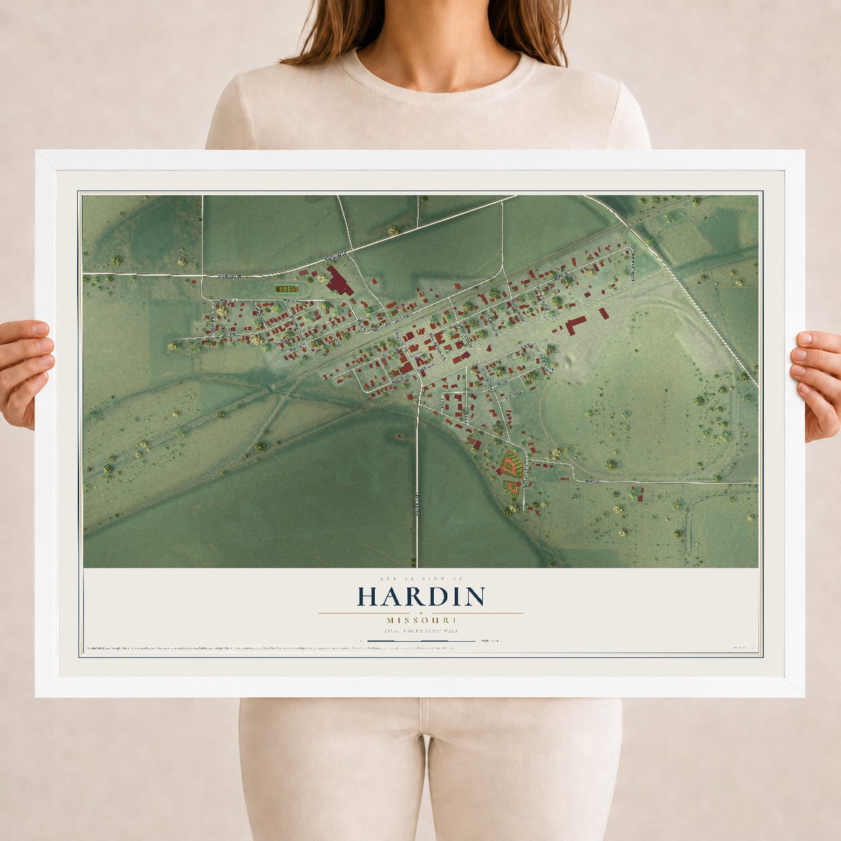 Map of Hardin, Missouri, 18 x 24 inch print in a white wood frame