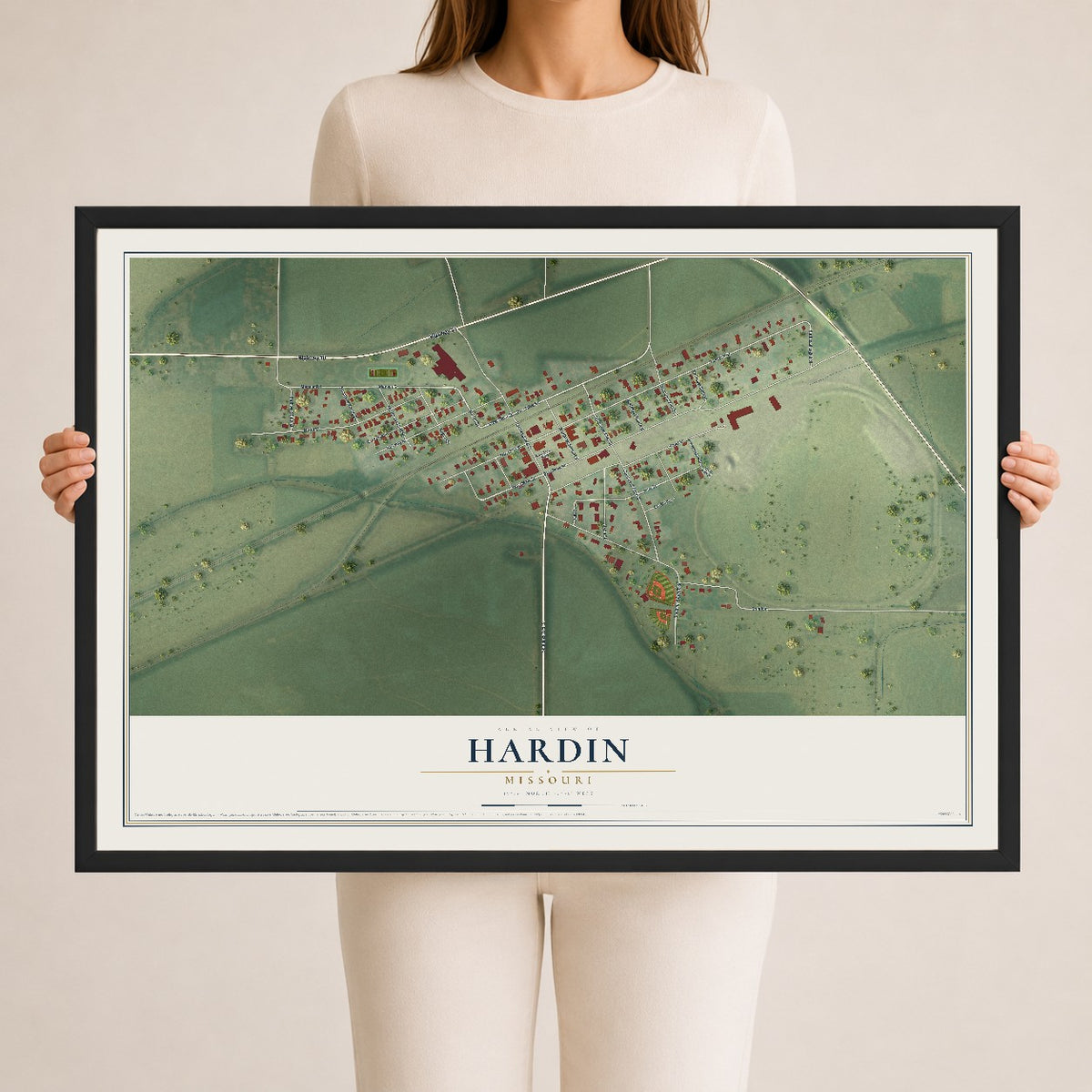 Map of Hardin, Missouri, 24 x 36 inch print in a black wood frame