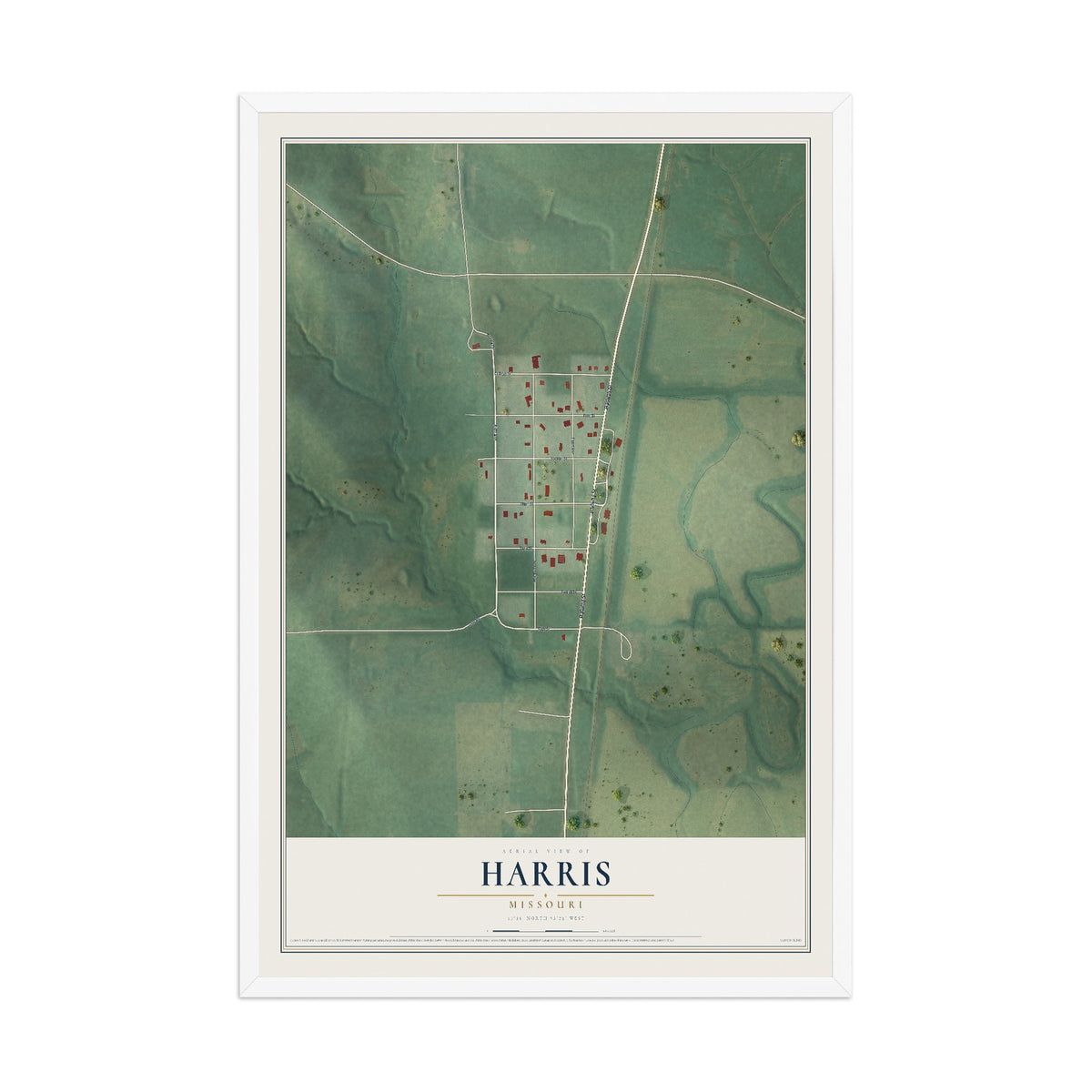 Map of Harris, Missouri, 12 x 18 inch print in a white wood frame