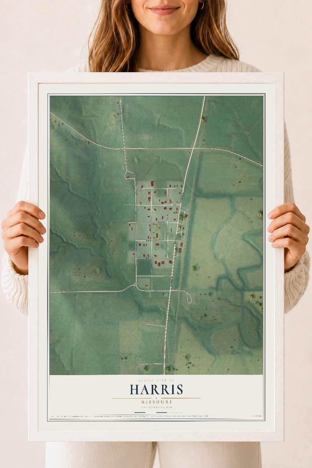 Map of Harris, Missouri, 18 x 24 inch print in a white wood frame