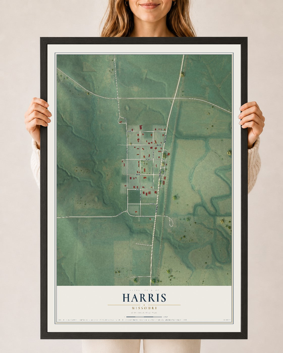 Map of Harris, Missouri, 24 x 36 inch print in a black wood frame