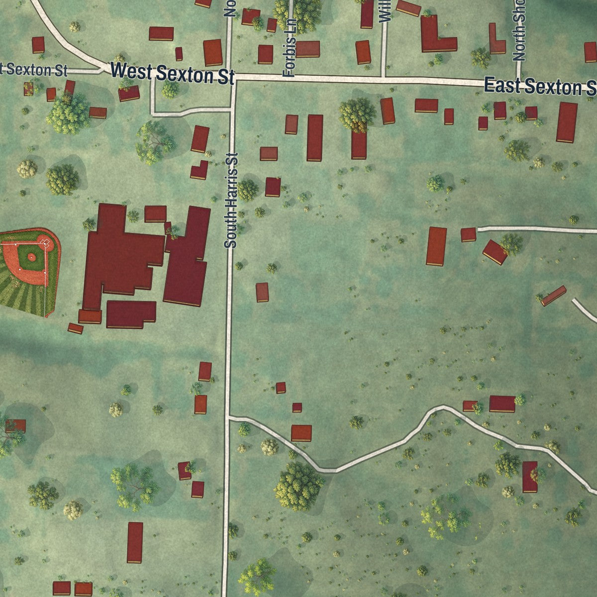 Close-up of the map of Harrisburg, Missouri print showing street and building detail