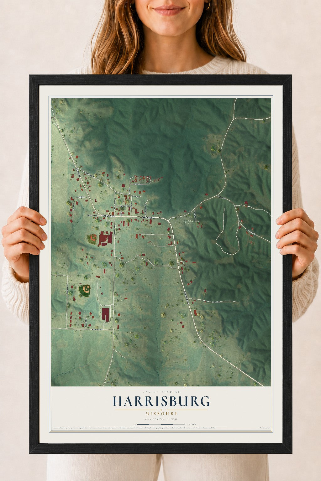 Map of Harrisburg, Missouri, 18 x 24 inch print in a black wood frame