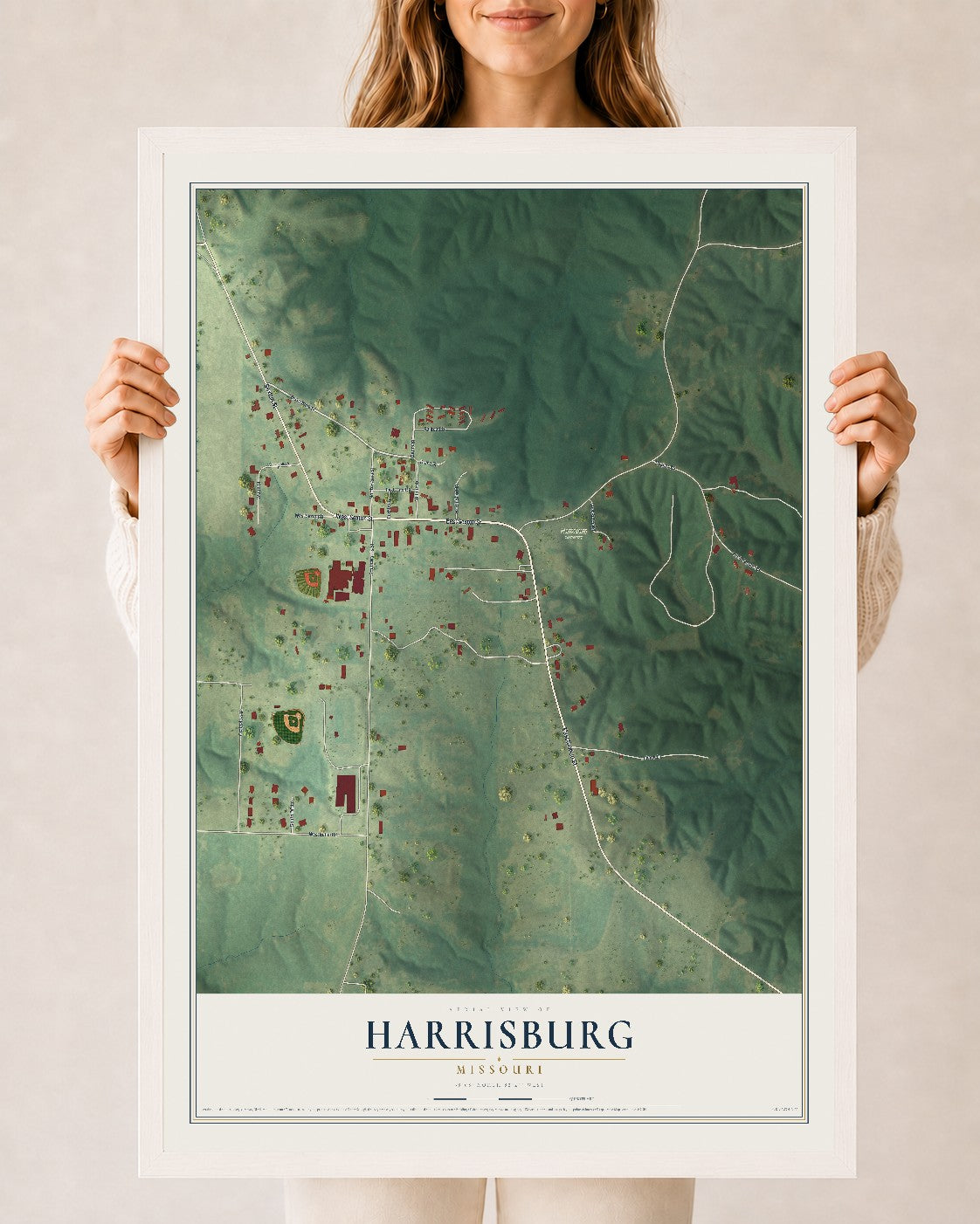 Map of Harrisburg, Missouri, 24 x 36 inch print in a white wood frame