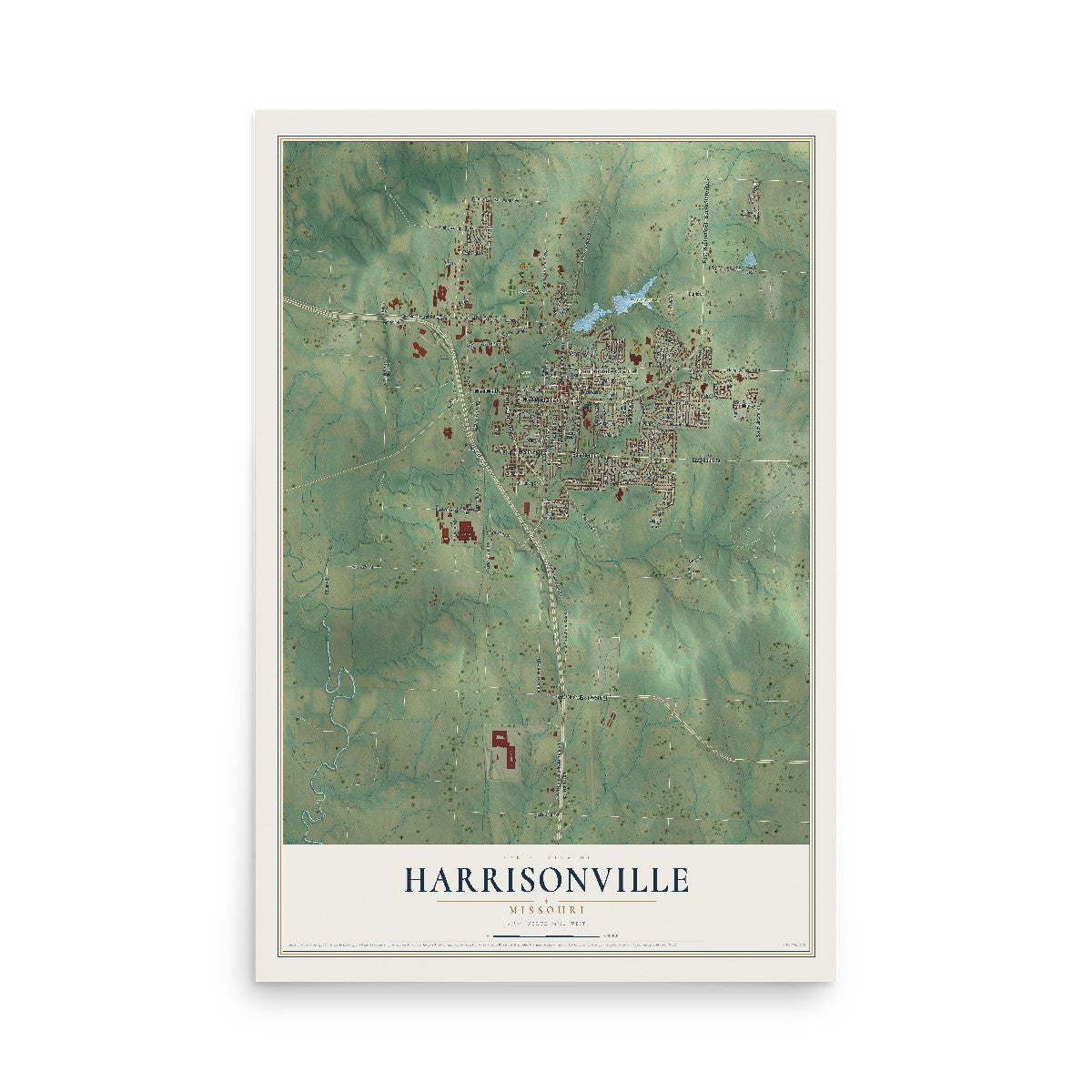 Map of Harrisonville, Missouri, 12 x 18 inch unframed archival matte print