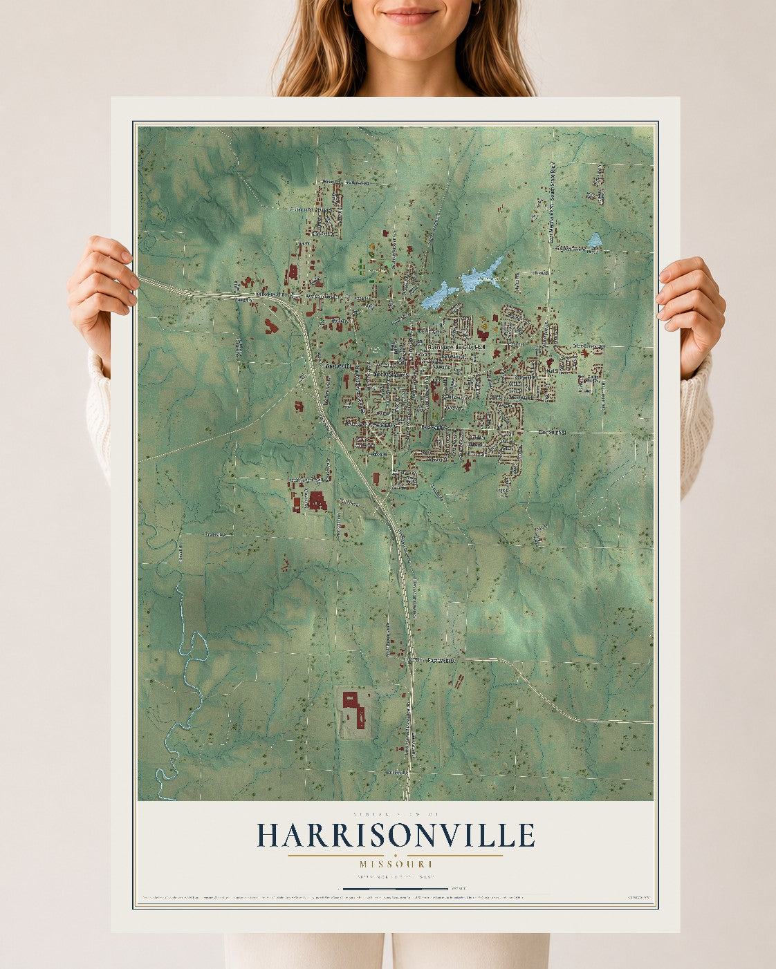 Map of Harrisonville, Missouri, 24 x 36 inch unframed archival matte print