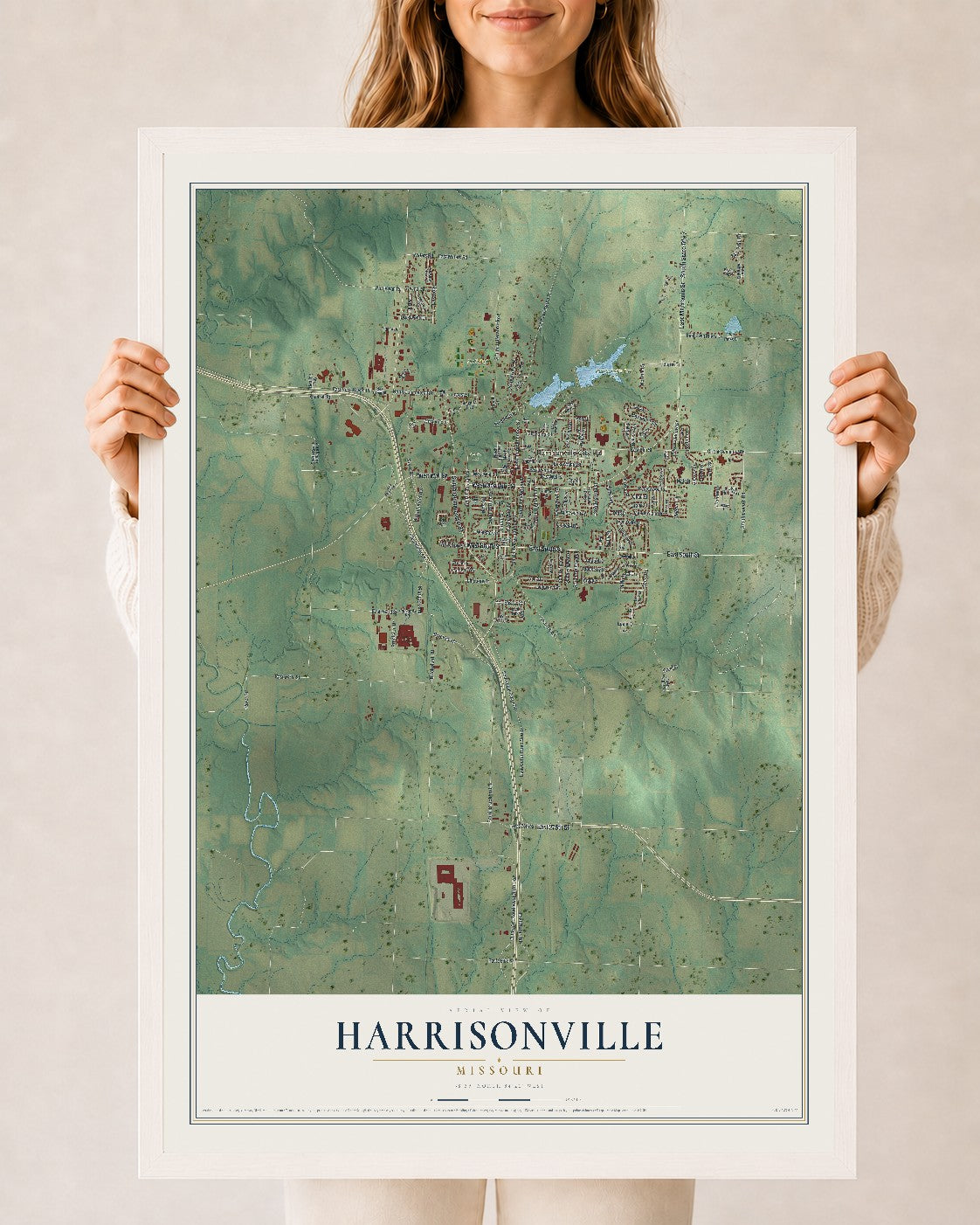 Map of Harrisonville, Missouri, 24 x 36 inch print in a white wood frame
