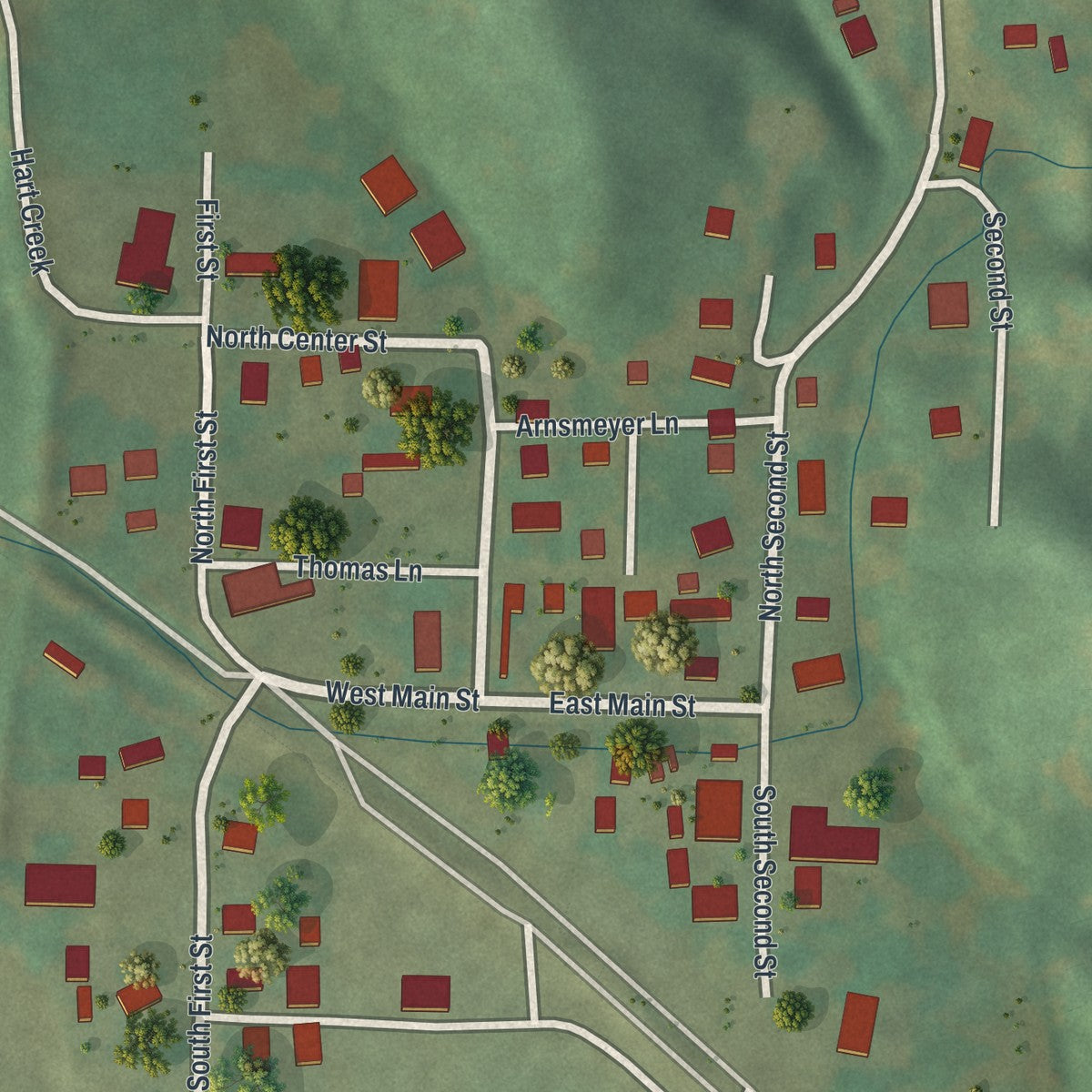 Close-up of the map of Hartsburg, Missouri print showing street and building detail