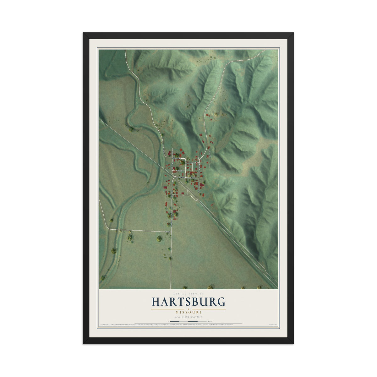Map of Hartsburg, Missouri, 12 x 18 inch print in a black wood frame