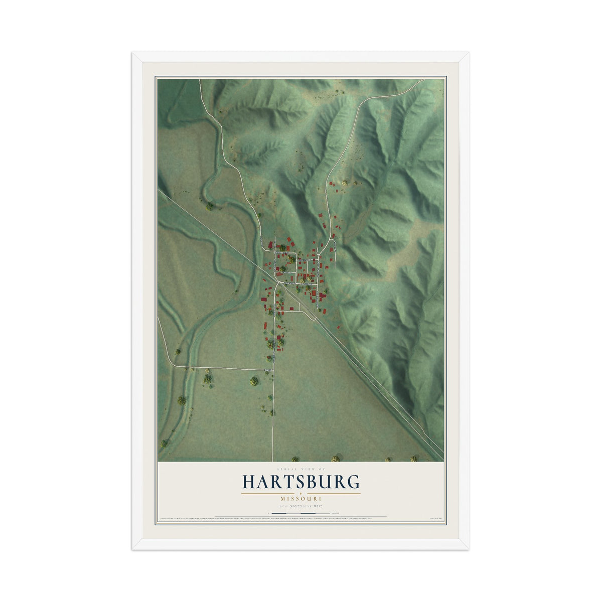 Map of Hartsburg, Missouri, 12 x 18 inch print in a white wood frame