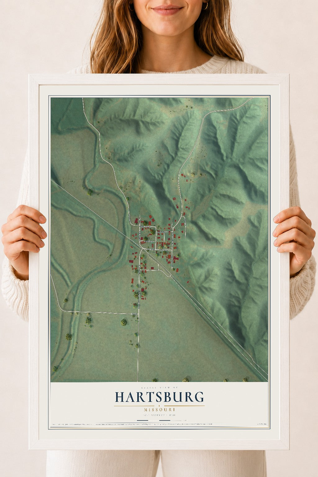 Map of Hartsburg, Missouri, 18 x 24 inch print in a white wood frame