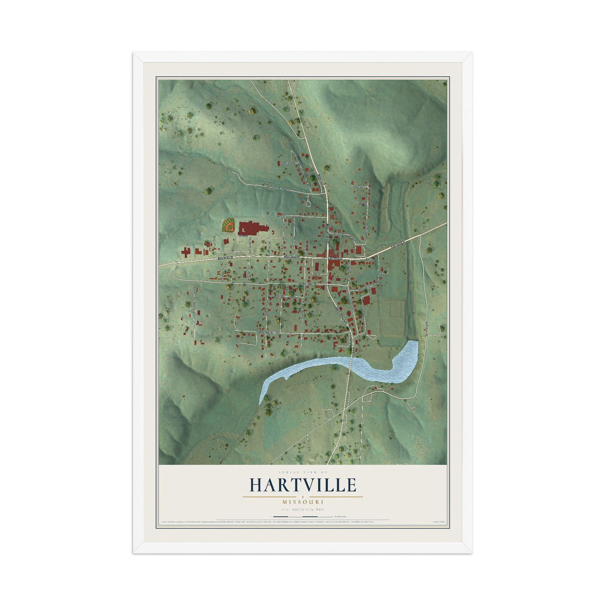 Map of Hartville, Missouri, 12 x 18 inch print in a white wood frame