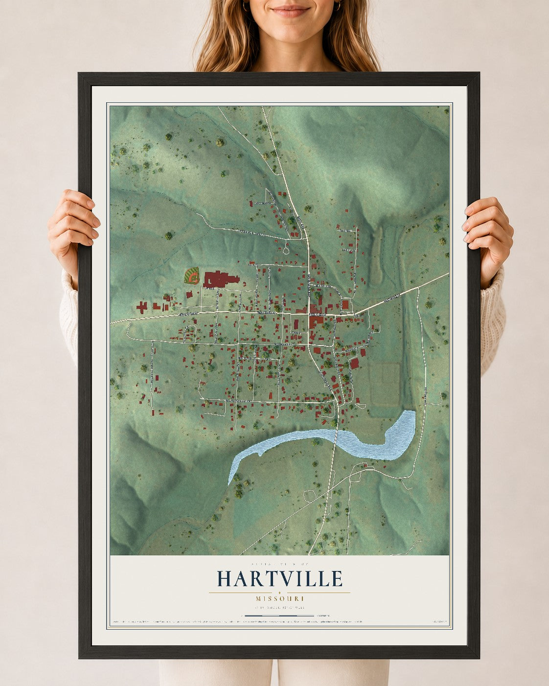 Map of Hartville, Missouri, 24 x 36 inch print in a black wood frame