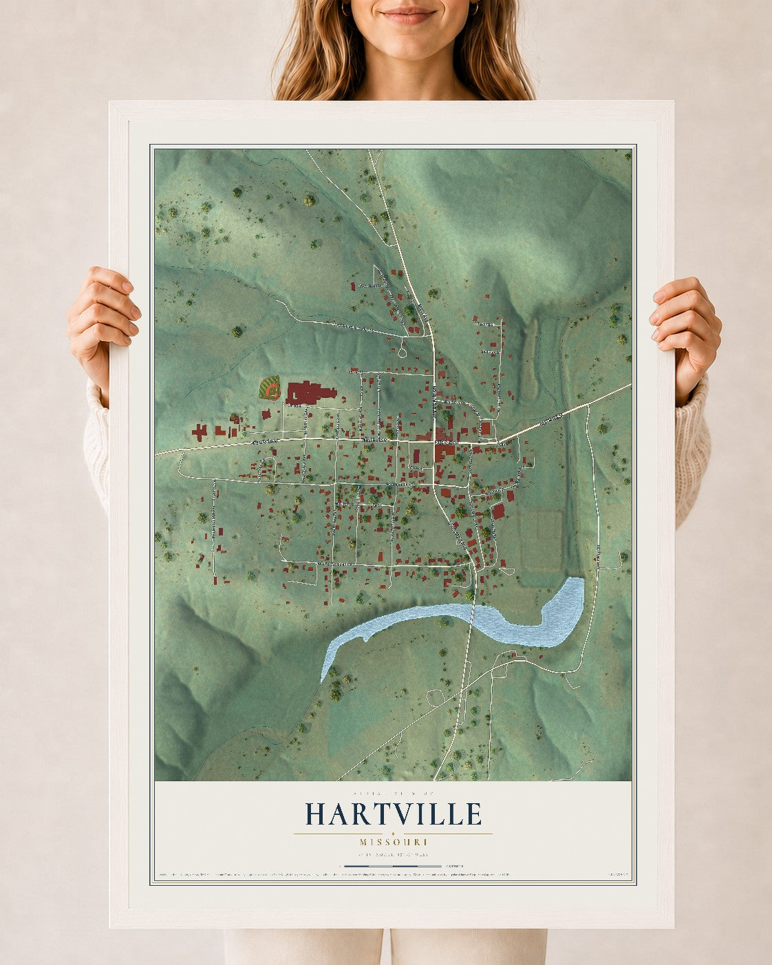 Map of Hartville, Missouri, 24 x 36 inch print in a white wood frame