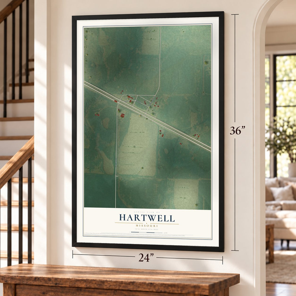 Hartwell, Missouri map, 24 x 36 inch print in a black frame by a staircase