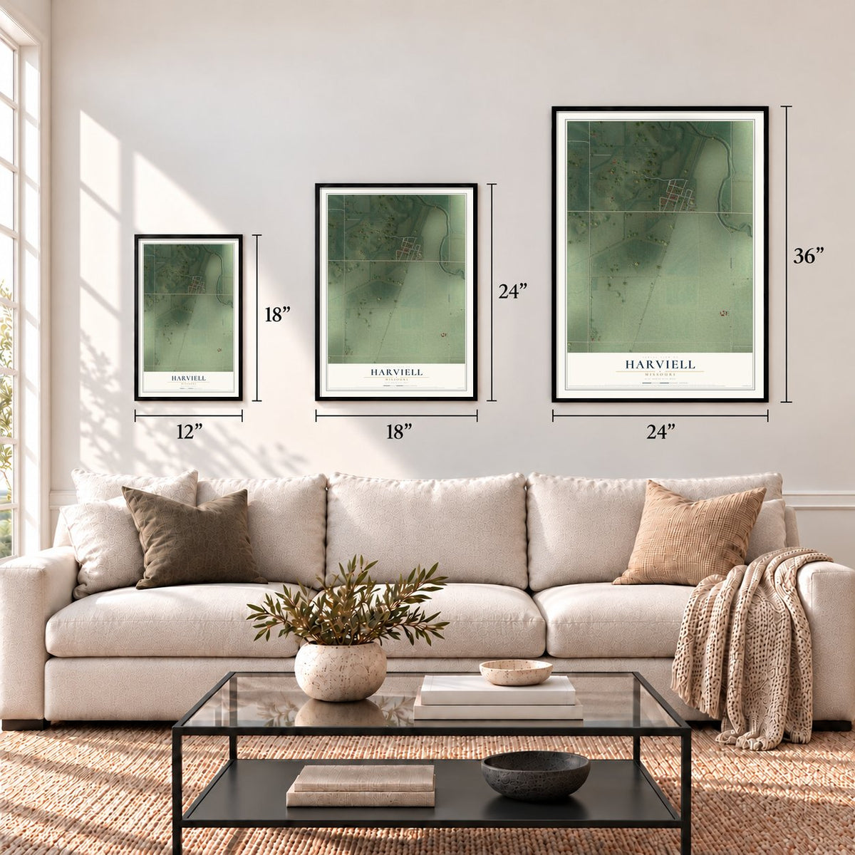 Harviell, Missouri map in 12 x 18, 18 x 24 and 24 x 36 inch sizes above a sofa