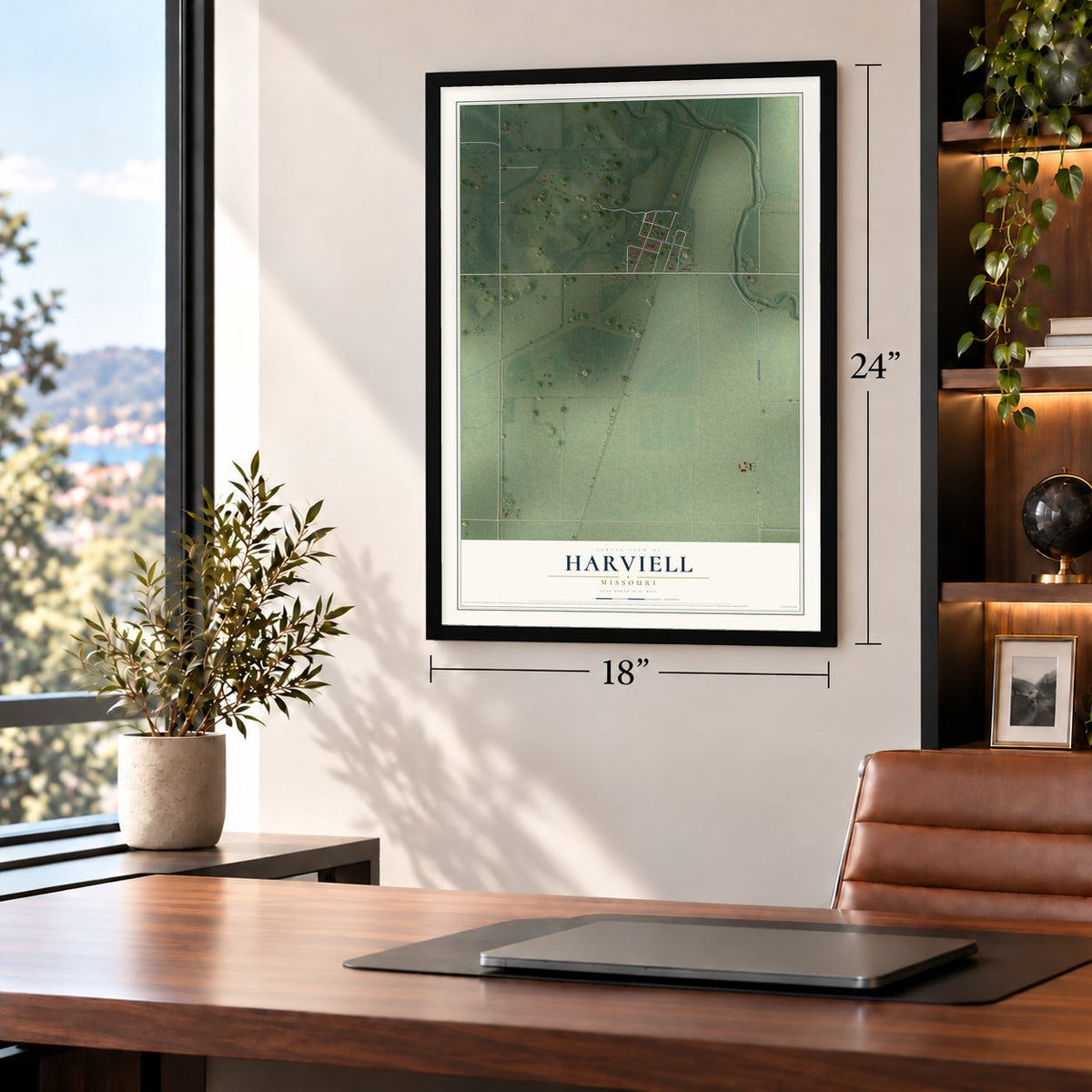 Harviell, Missouri map, 18 x 24 inch print in a black frame in a home office