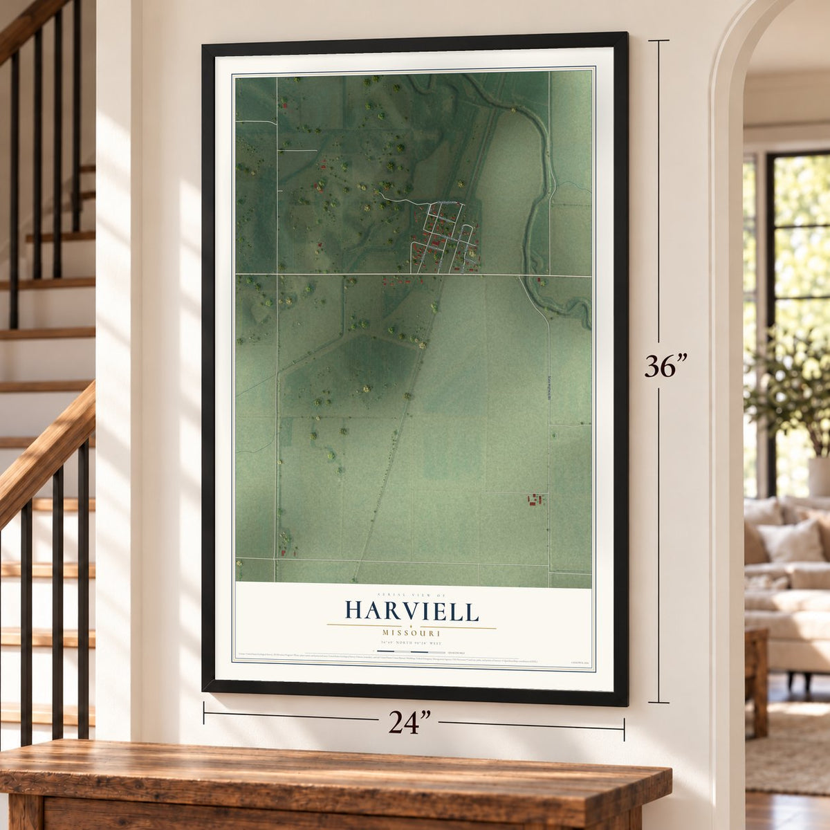 Harviell, Missouri map, 24 x 36 inch print in a black frame by a staircase