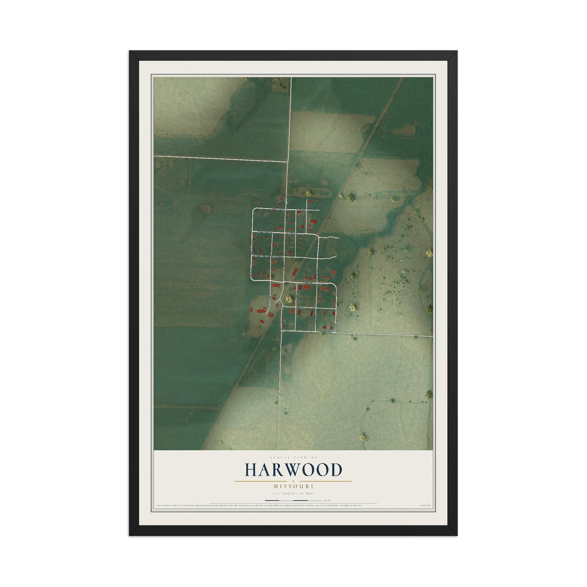 Map of Harwood, Missouri, 12 x 18 inch print in a black wood frame